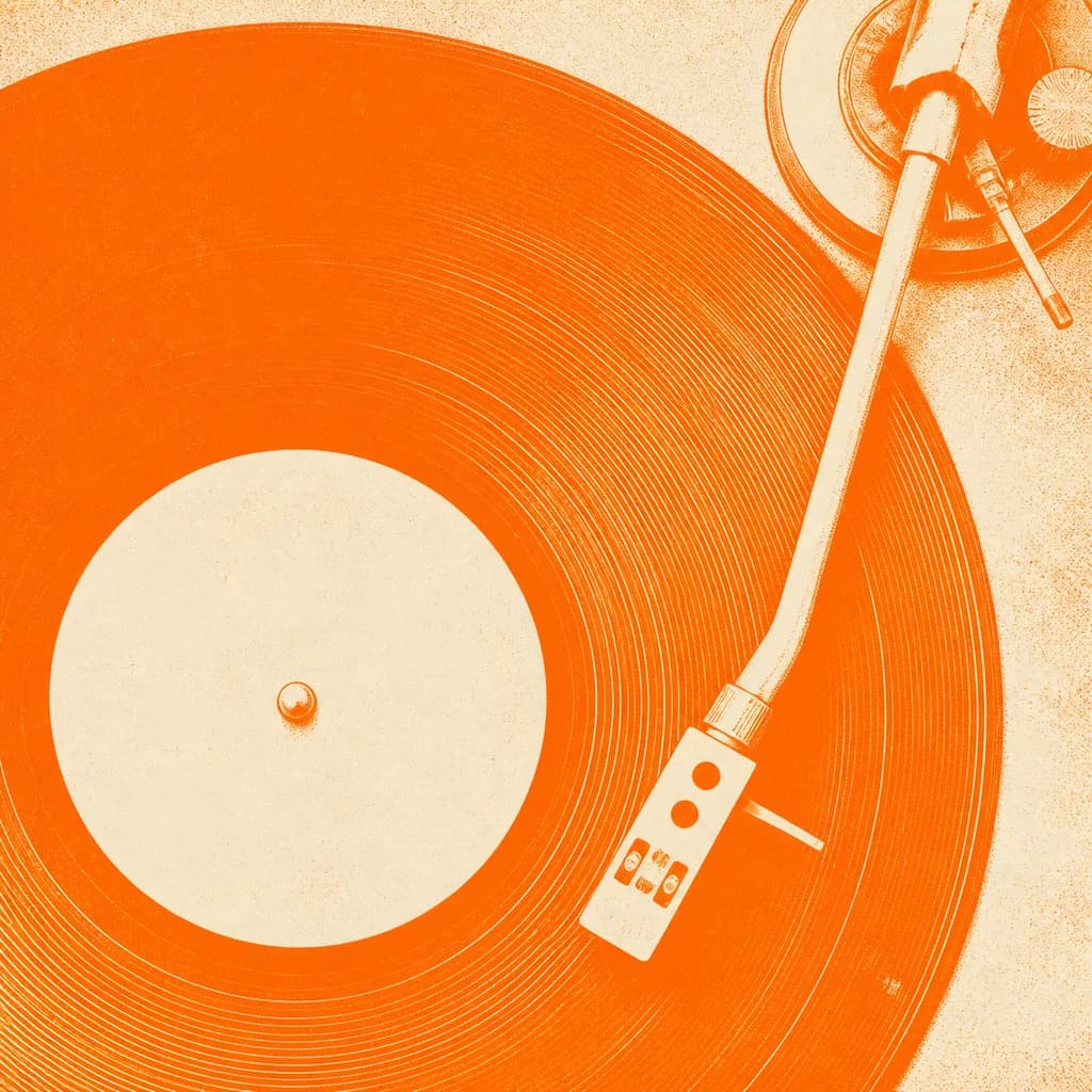 Ilustración de un vinilo naranja y crema con la aguja de un tocadiscos.