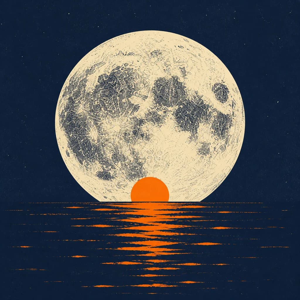 Luna en tonos crema sobre un mar azul nocturno con reflejos naranjas.