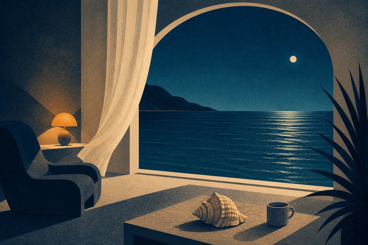 Después del ruido: una habitación azul y crema abierta al mar, con una cortina, una lámpara cálida y una caracola.