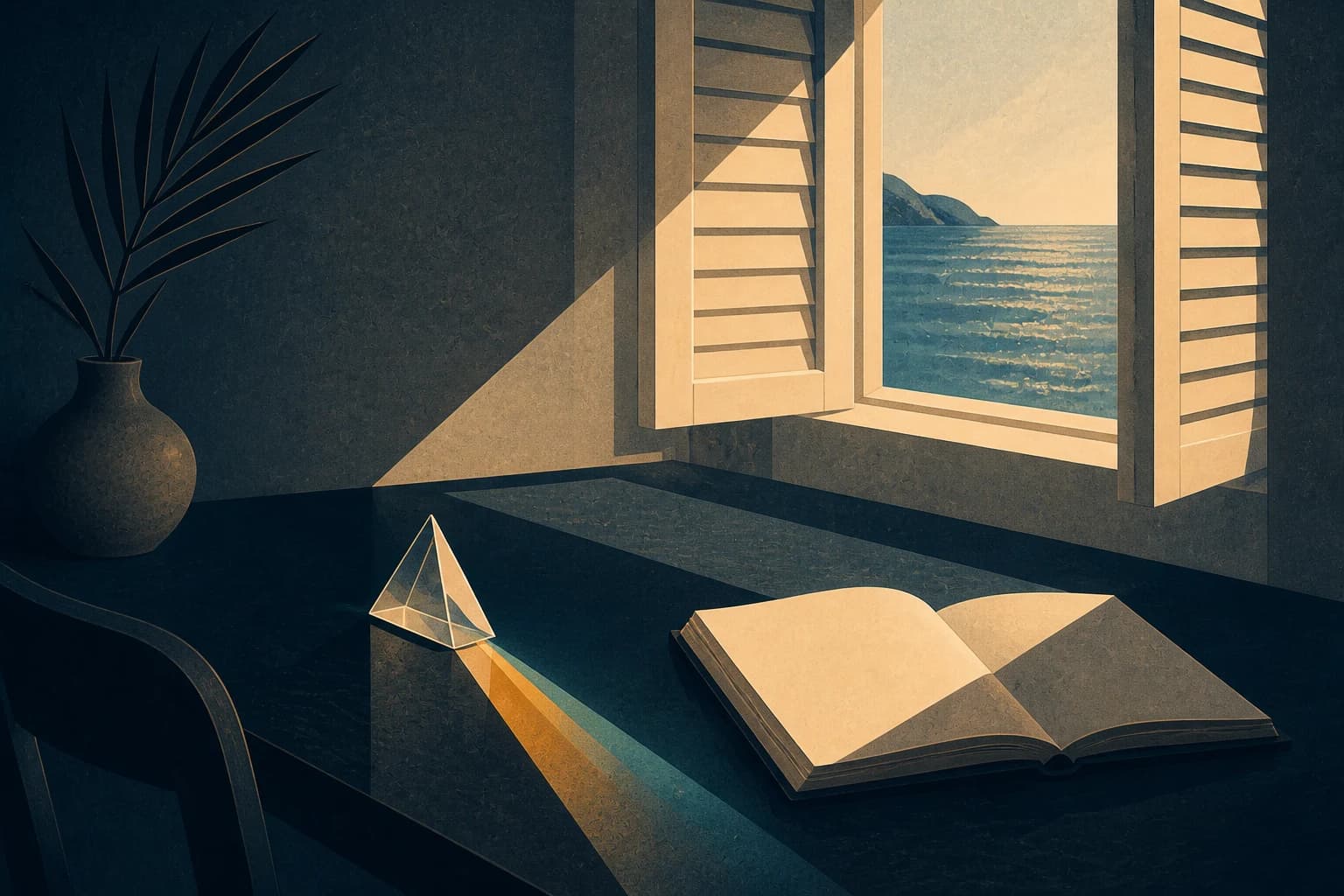 Luz de mañana sobre una mesa con un prisma y un libro abierto junto al mar.