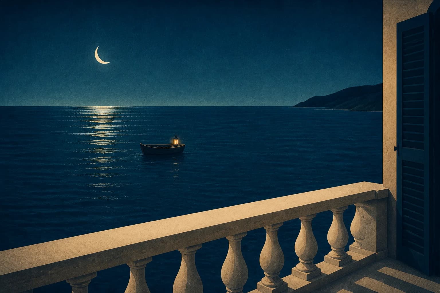 Balcón de piedra ante el mar nocturno, la luna y una pequeña embarcación.