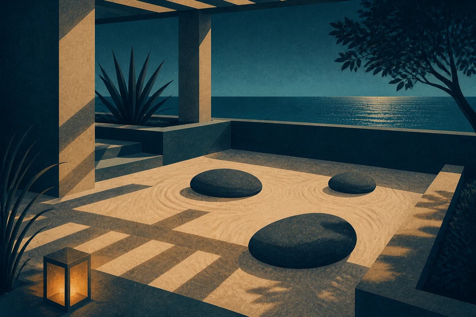 Jardín de arena con piedras oscuras y sombras geométricas de una pérgola.