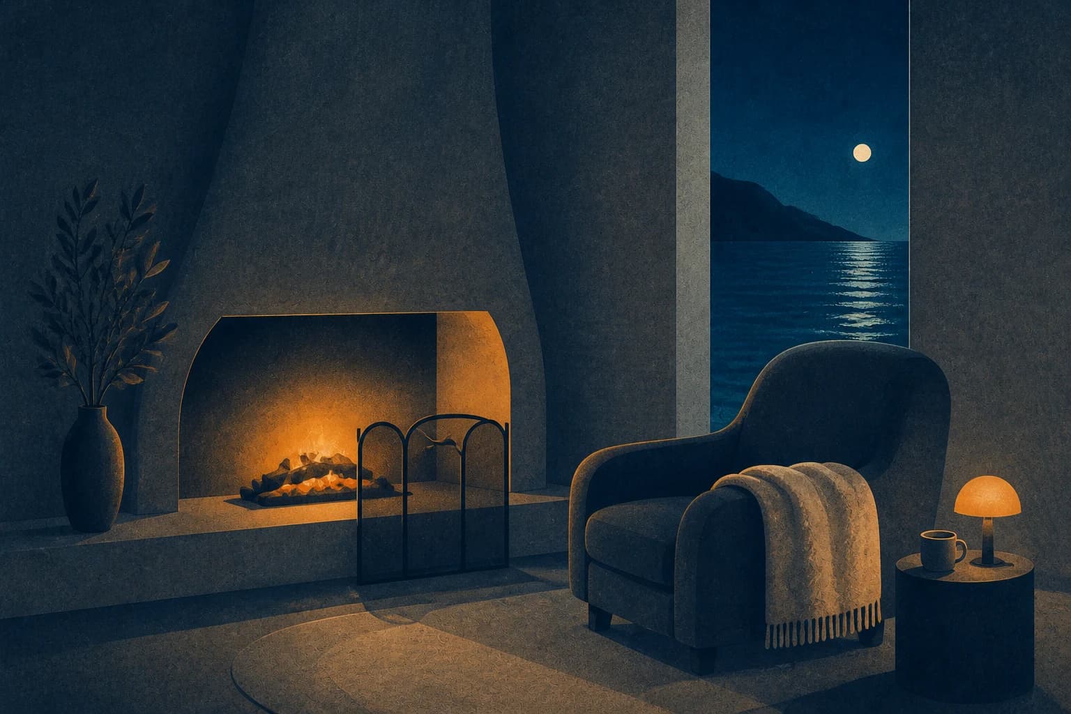 Chimenea de brasas cálidas junto a una ventana azul y un sillón con manta.