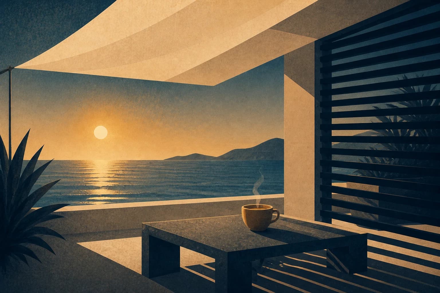 Terraza con toldo, taza y celosía ante el sol bajo sobre el mar.