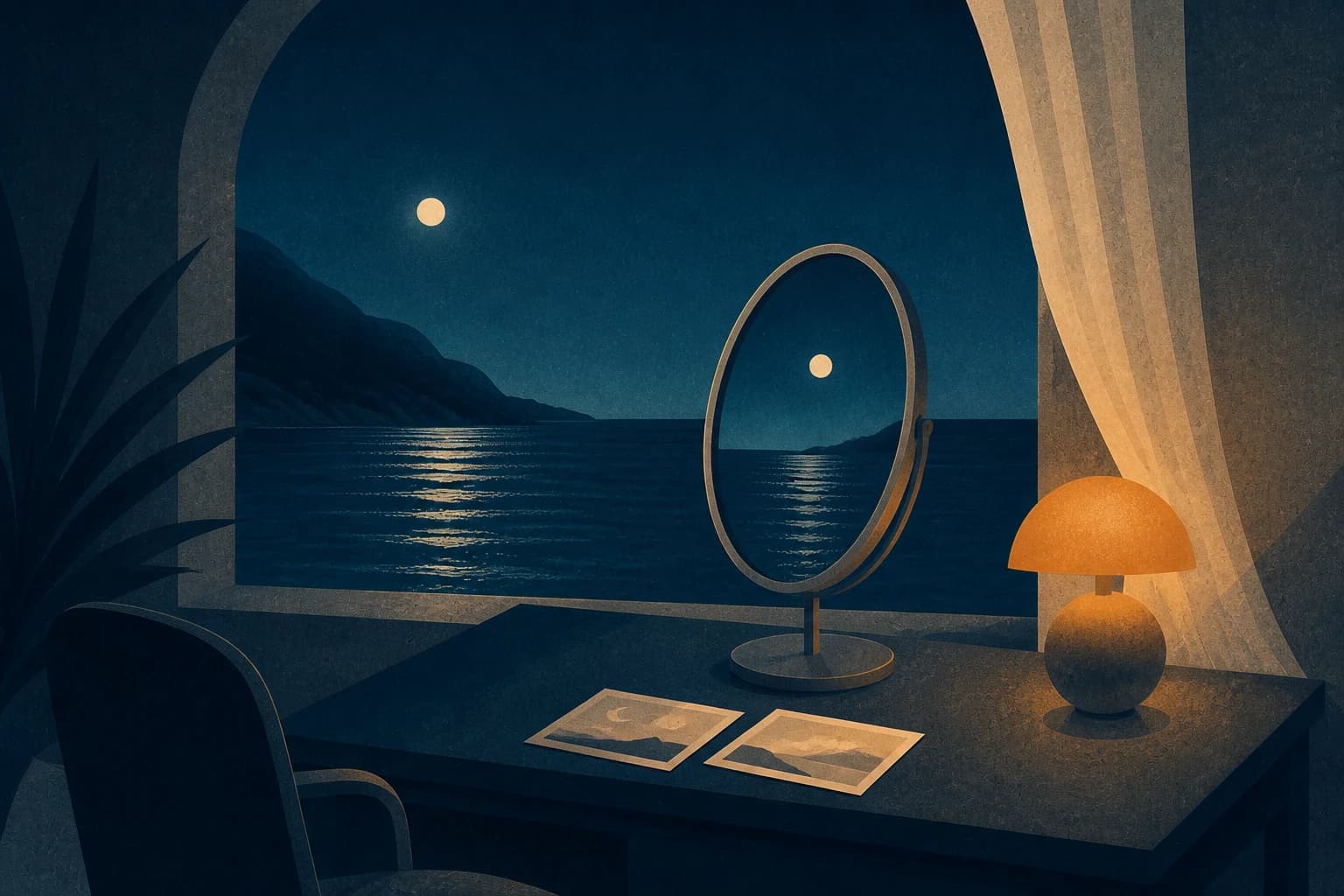 Escritorio nocturno con espejo, postales y lámpara ante una ventana al mar.