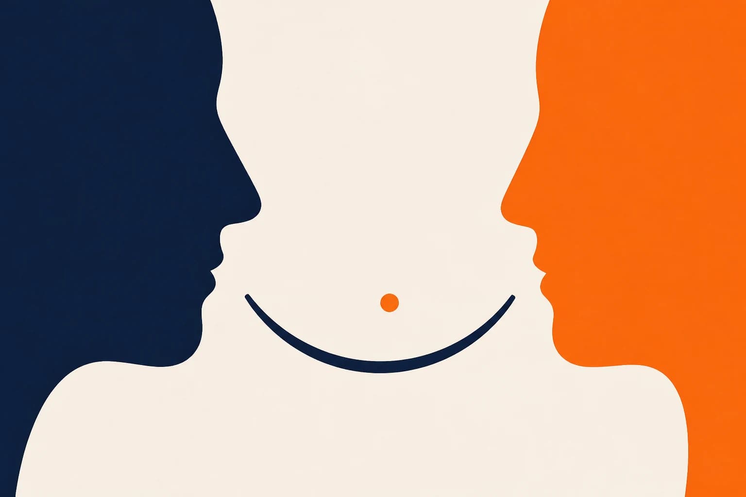 Dos perfiles abstractos, azul y naranja, se encuentran en torno a una sonrisa.