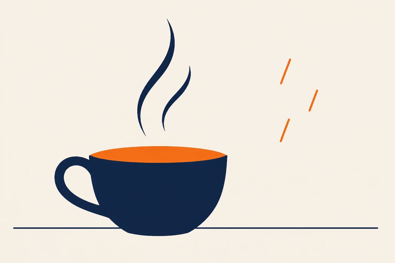 Taza azul sobre crema, vapor en líneas y pequeñas gotas naranjas.