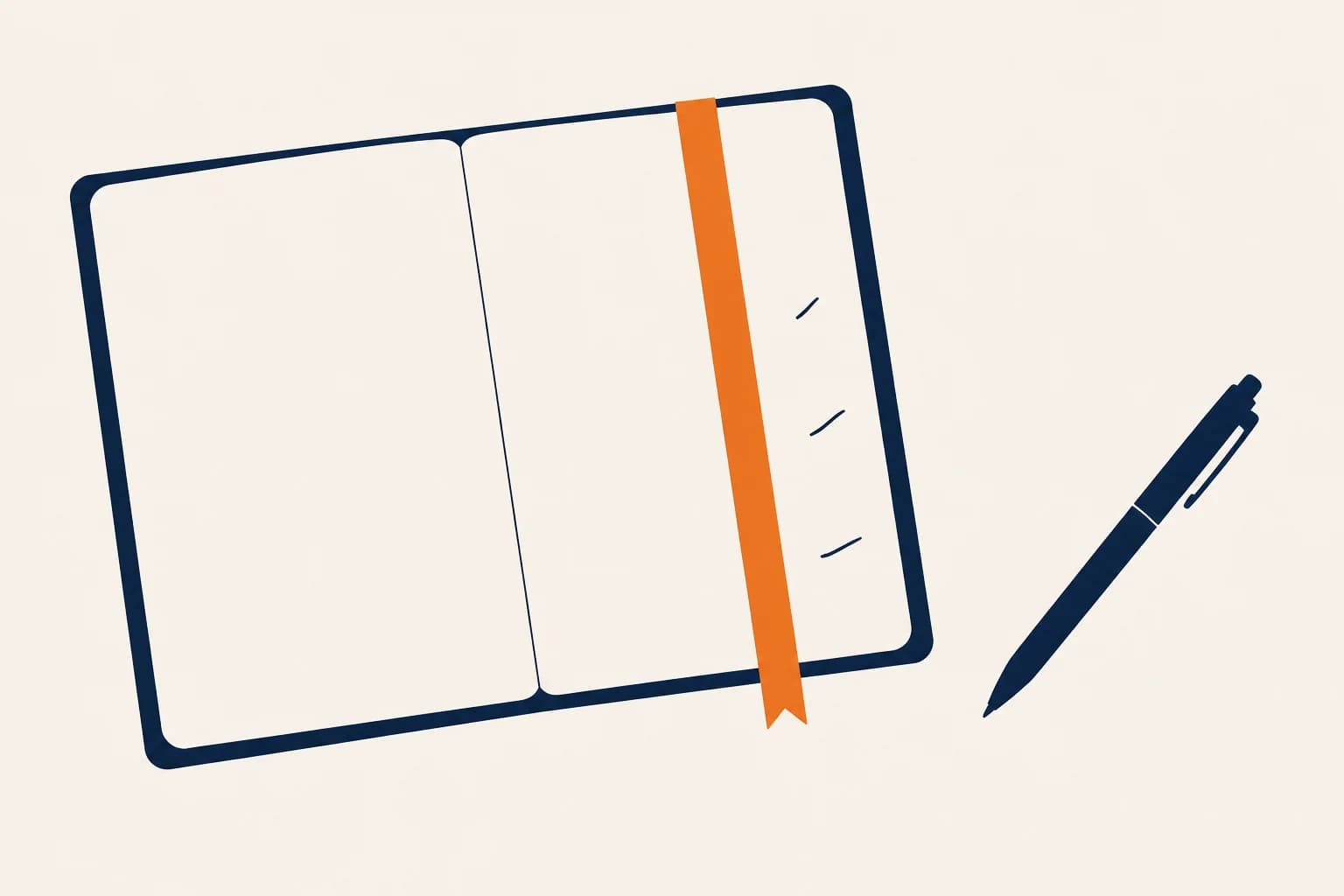 Cuaderno abierto, marcador naranja y trazos de tinta en el margen.
