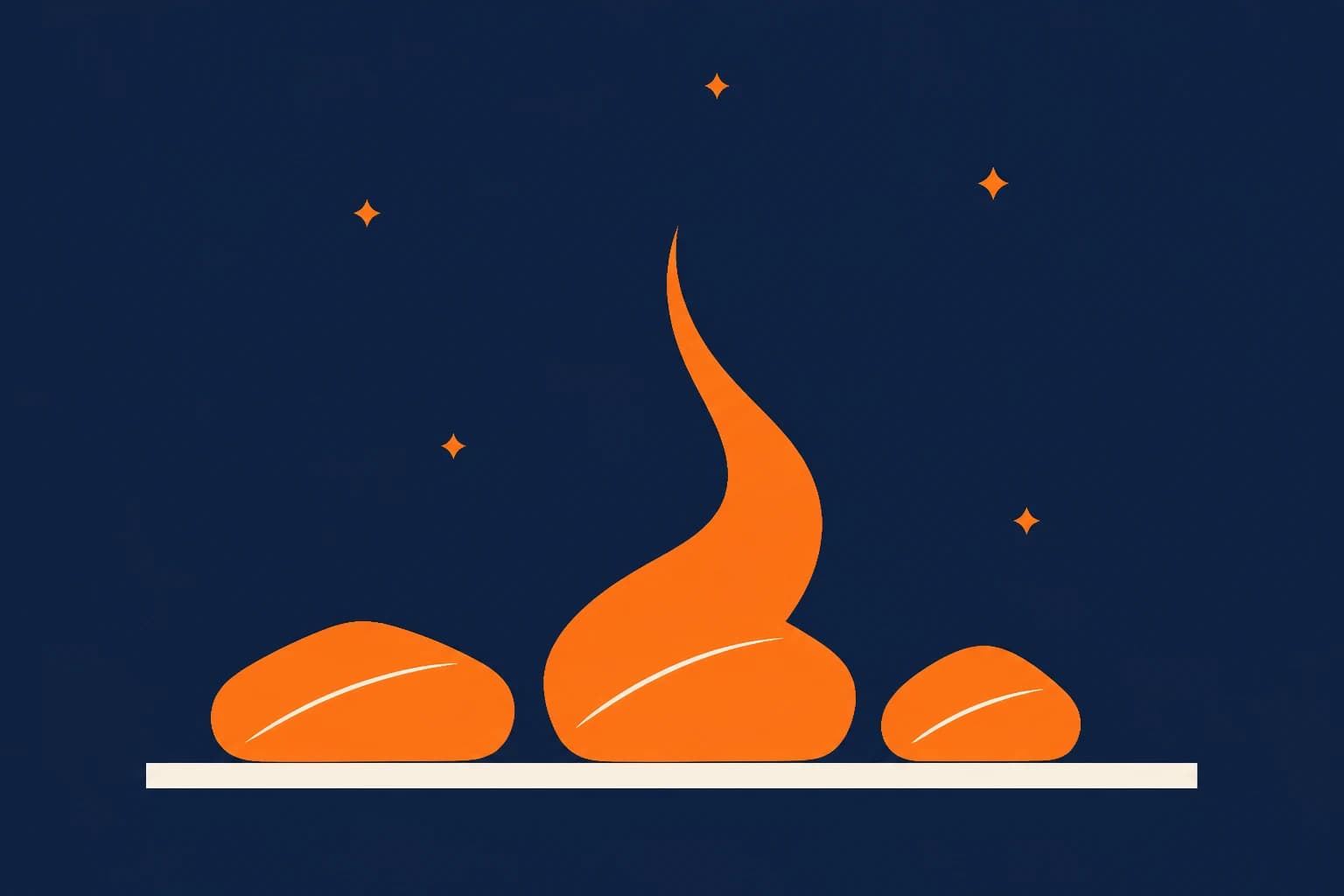 Tres brasas naranjas y pequeñas chispas sobre fondo azul.